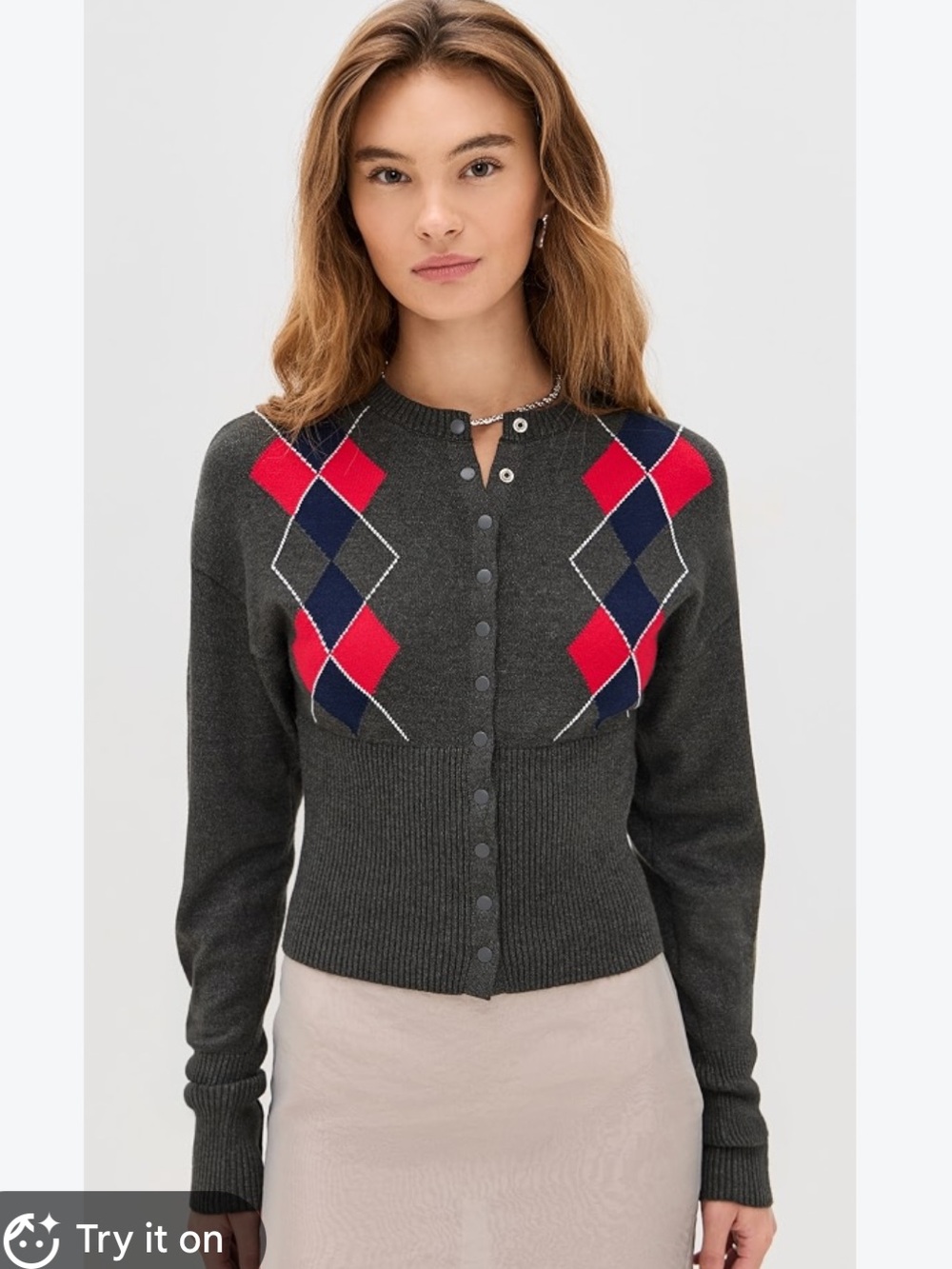 Lioness Head in the Clouds Cardigan Grey with Argyle Snap Buttons Medium